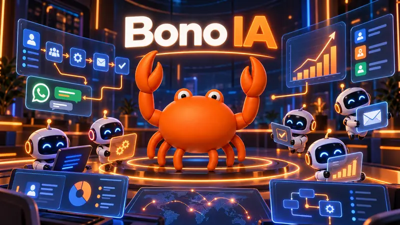 Mr Crab 7 con el rótulo Bono IA y agentes robot gestionando flujos, WhatsApp, correo y paneles de datos