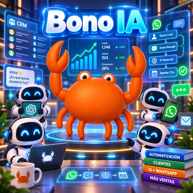 Mr Crab 7 con el rótulo Bono IA rodeado de robots, CRM, WhatsApp, leads y agenda de citas