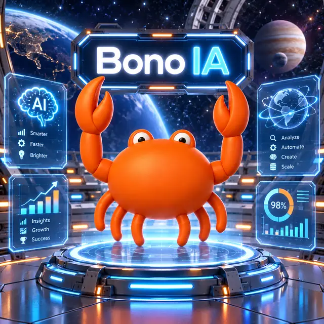 Mr Crab 7 con el rótulo Bono IA en una estación futurista con paneles de IA y crecimiento