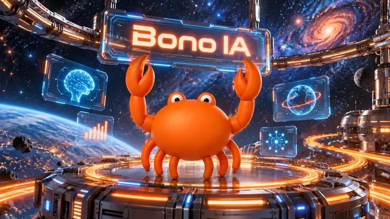 Mr Crab 7 en una estación espacial futurista con el rótulo Bono IA y paneles de inteligencia artificial
