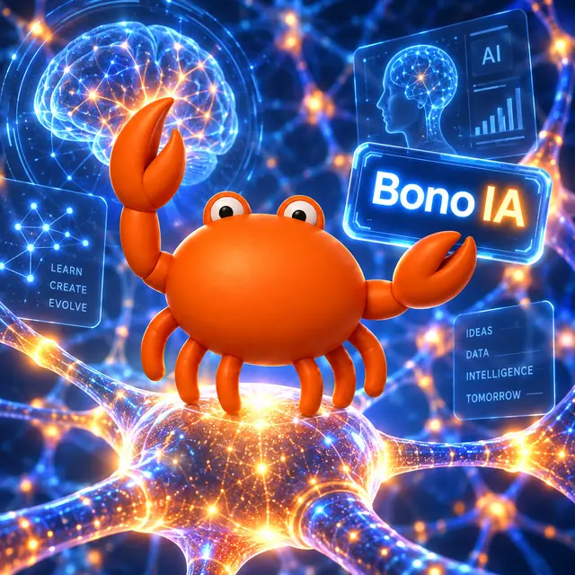 Mr Crab 7 sobre una red neuronal con el panel Bono IA y un cerebro digital