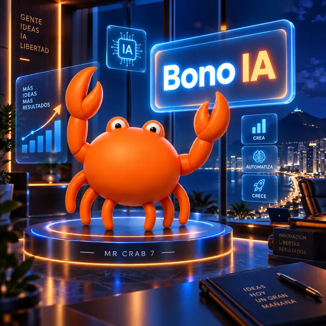 Mr Crab 7, el cangrejo naranja de La Buena IA, sobre un pedestal con el rótulo luminoso Bono IA