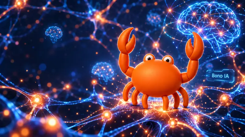 Mr Crab 7 sobre una red neuronal luminosa con cerebros digitales y la etiqueta Bono IA