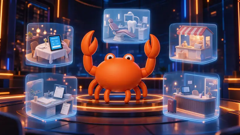 Mr Crab 7, el cangrejo naranja, rodeado de escenas de restaurante, clínica dental, comercio, asesoría y recepción de hotel