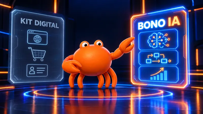 Mr Crab 7 entre dos paneles holográficos, Kit Digital y Bono IA, señalando el del Bono IA