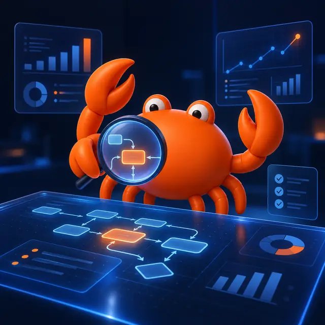Mr Crab 7 analiza con una lupa un mapa de procesos y detecta el punto a mejorar
