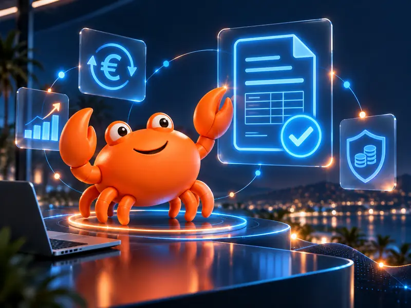 Mr Crab 7 junto a un documento validado, un icono de euro y un escudo de protección de datos