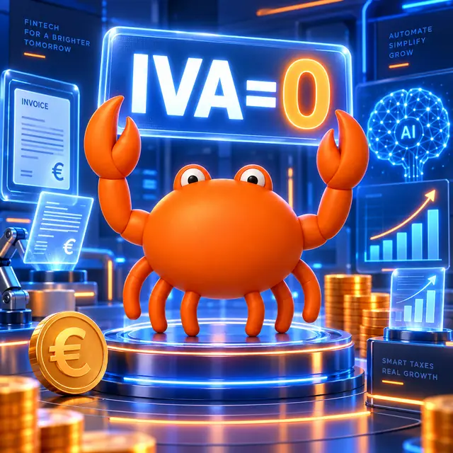 Mr Crab 7 con el rótulo IVA=0 entre monedas de euro, facturas y gráficos de crecimiento