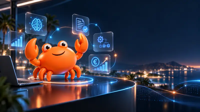 Mr Crab 7 en una oficina frente a la bahía de Las Palmas rodeado de iconos de IA, documentos, datos y euros