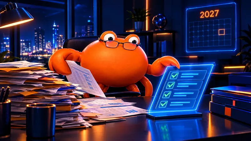 Mr Crab 7 con gafas ordenando carpetas y hojas de cálculo en una lista de tareas completada, con un calendario de 2027 al fondo