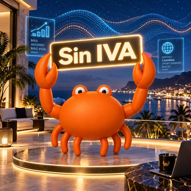 Mr Crab 7 en una terraza de Canarias de noche sosteniendo el rótulo Sin IVA