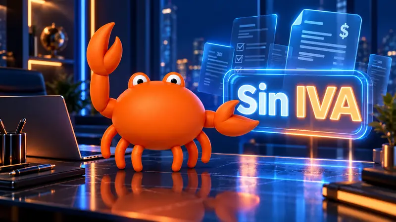 Mr Crab 7 en una oficina con el rótulo Sin IVA y documentos flotando alrededor de un portátil