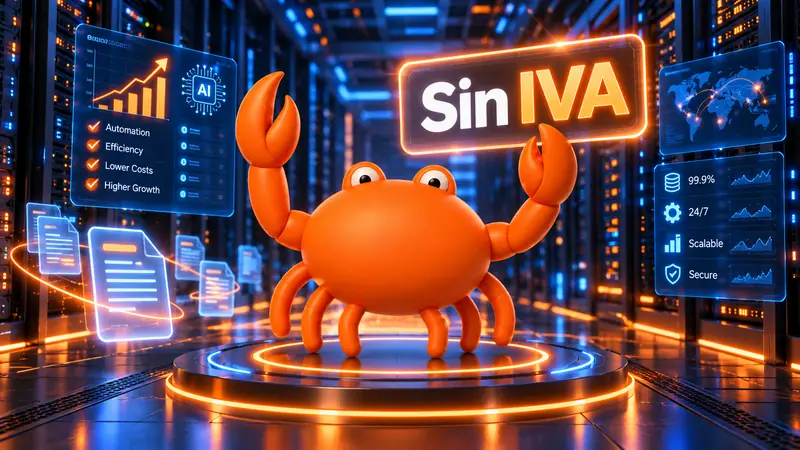 Mr Crab 7 sostiene el rótulo Sin IVA en una sala de servidores con paneles de automatización y eficiencia